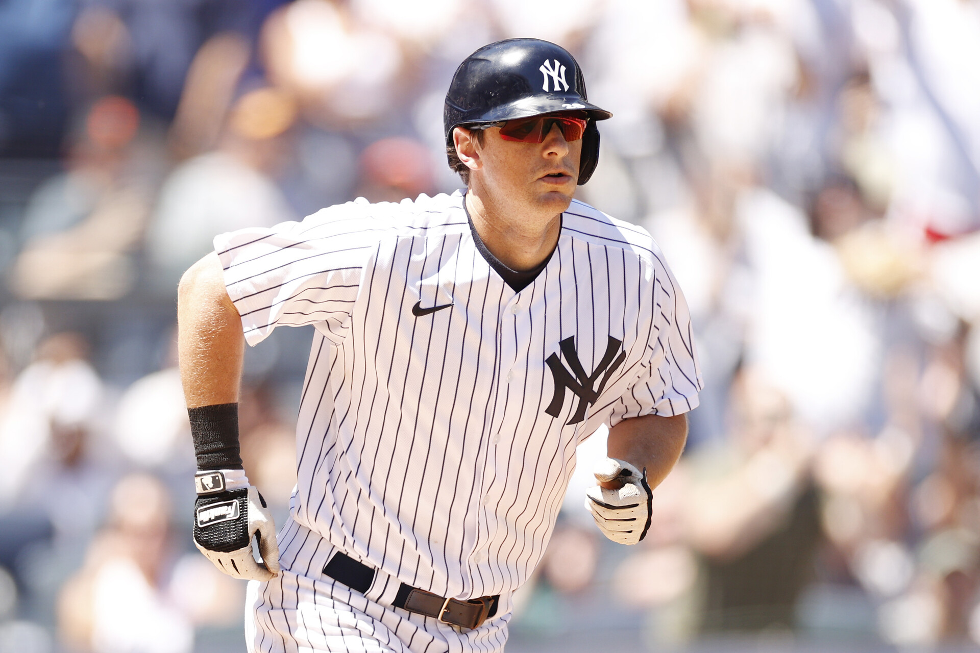 DJ LeMahieu #26 of the New York Yankees jogs to first after drawing a walk with the bases loaded during the seventh inning against the Detroit Tigers at Yankee Stadium on June 05, 2022 in the Bronx borough of New York City.