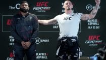Curtis Blaydes and Tom Aspinall of England pose for media during the UFC Fight Night media day at Hilton London Canary Wharf on July 20, 2022 in London, England.