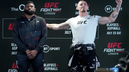 Curtis Blaydes and Tom Aspinall of England pose for media during the UFC Fight Night media day at Hilton London Canary Wharf on July 20, 2022 in London, England.