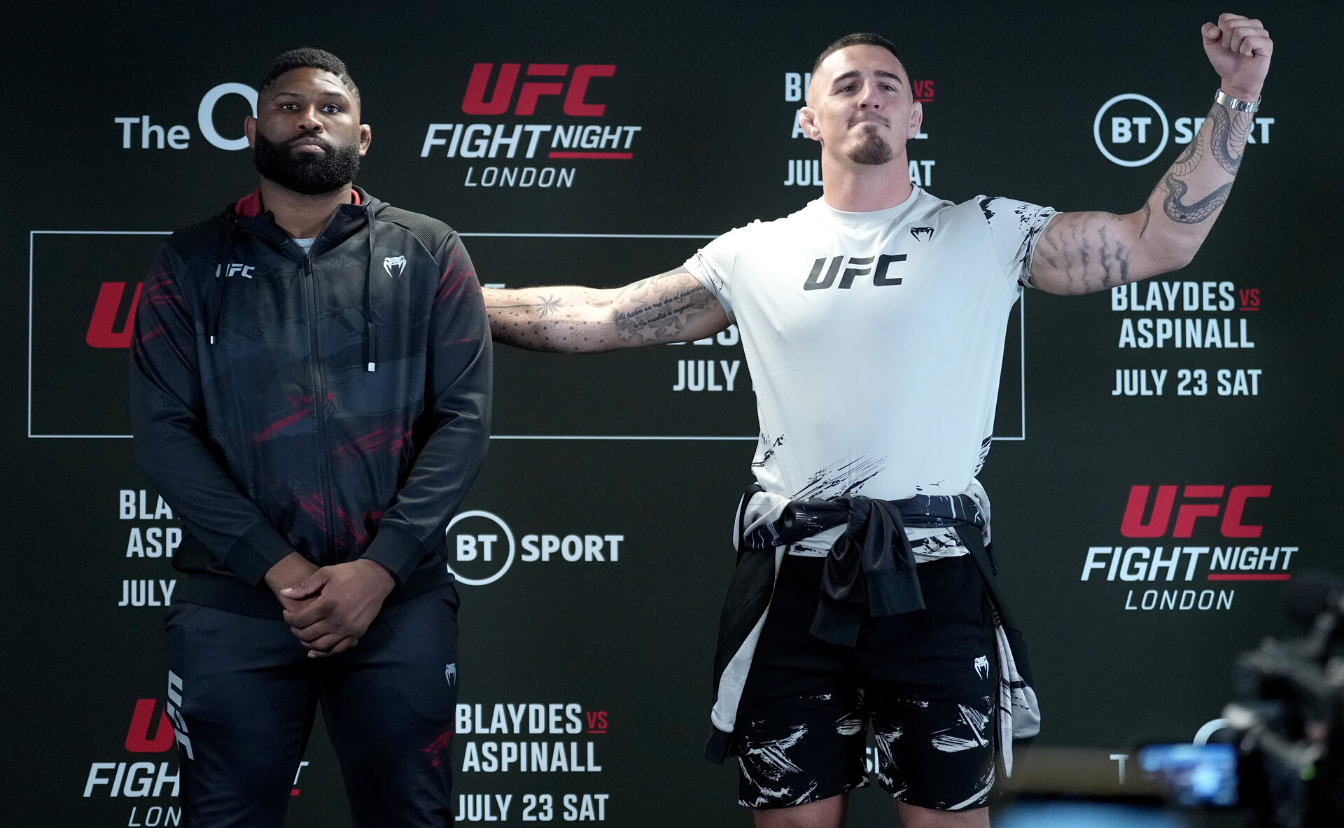 Curtis Blaydes and Tom Aspinall of England pose for media during the UFC Fight Night media day at Hilton London Canary Wharf on July 20, 2022 in London, England.
