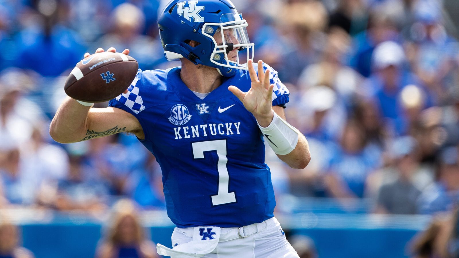 Kentucky Wildcats quarterback Will Levis (7) lines up a pass during the third quarter against the Louisiana-Monroe Warhawks at Kroger Field. Most SEC football predictions have the Wildcats as a team to watch in the 2022 season.
