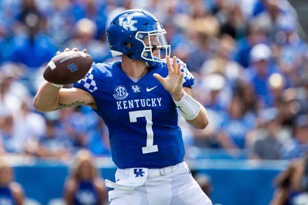Kentucky Wildcats quarterback Will Levis (7) lines up a pass during the third quarter against the Louisiana-Monroe Warhawks at Kroger Field. Most SEC football predictions have the Wildcats as a team to watch in the 2022 season.