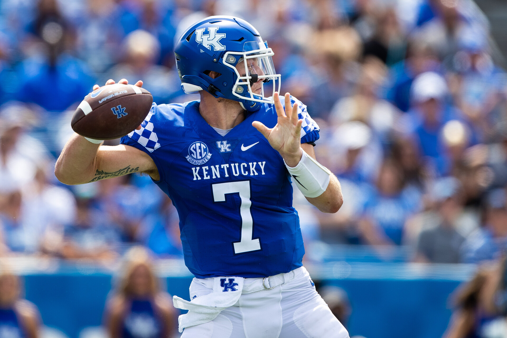 Kentucky Wildcats quarterback Will Levis (7) lines up a pass during the third quarter against the Louisiana-Monroe Warhawks at Kroger Field. Most SEC football predictions have the Wildcats as a team to watch in the 2022 season.