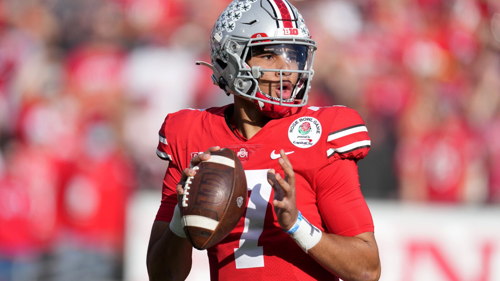 Ohio State Buckeyes quarterback C.J. Stroud (7) passes in the first half against the Utah Utes during the 2022 Rose Bowl college football game at the Rose Bowl.