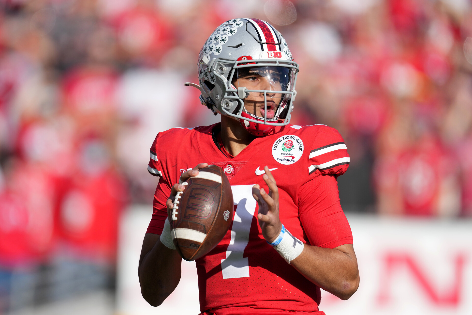 Ohio State Buckeyes quarterback C.J. Stroud (7) passes in the first half against the Utah Utes during the 2022 Rose Bowl college football game at the Rose Bowl.