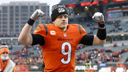 Cincinnati Bengals quarterback Joe Burrow (9) celebrates the win after the game against the Kansas City Chiefs at Paul Brown Stadium. Burrow is one on our best NFL preseason player props today.