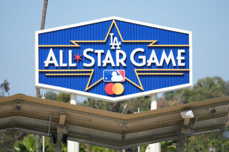 The All-Star Game logo is seen on the right field pavilion at Dodger Stadium.