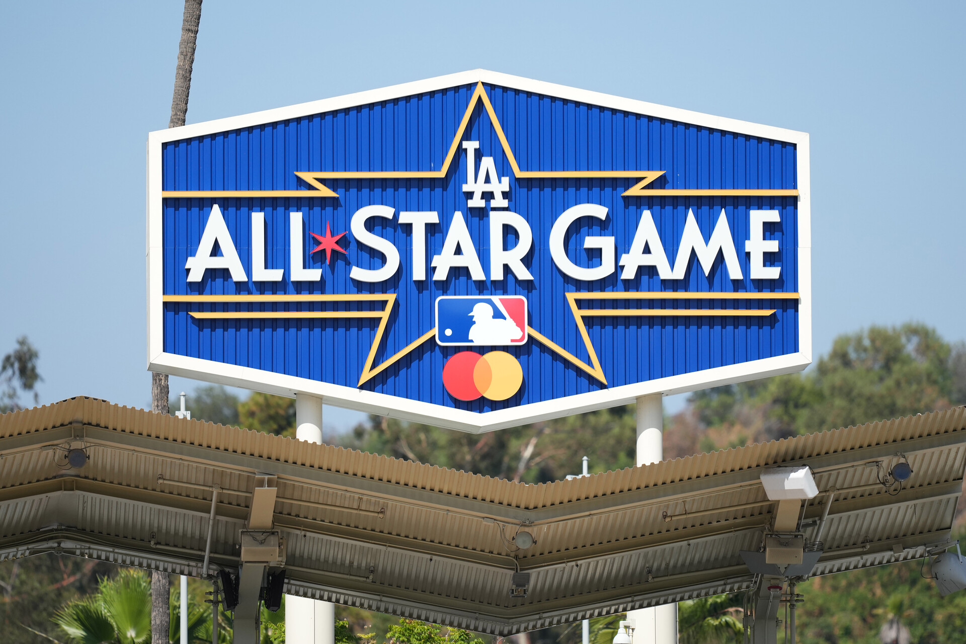The All-Star Game logo is seen on the right field pavilion at Dodger Stadium.