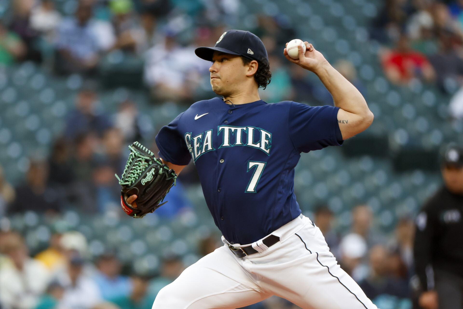 Seattle Mariners starting pitcher Marco Gonzales (7) throws against the Oakland Athletics during the third inning at T-Mobile Park.