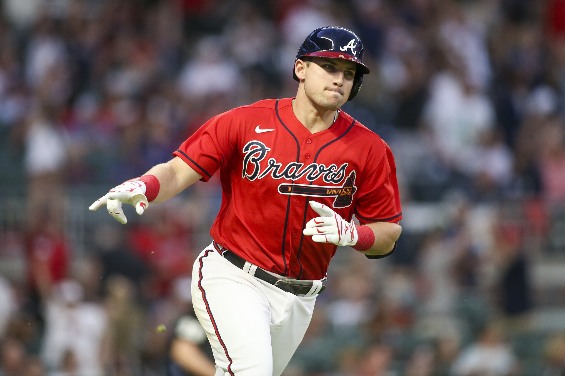 Atlanta Braves third baseman Austin Riley (27) celebrates after a home run against the Miami Marlins in the fifth inning at Truist Park.