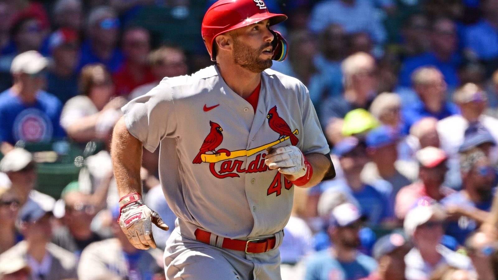 St. Louis Cardinals first baseman Paul Goldschmidt (46) watches his three run home run ball in the third inning against the Chicago Cubs at Wrigley Field.