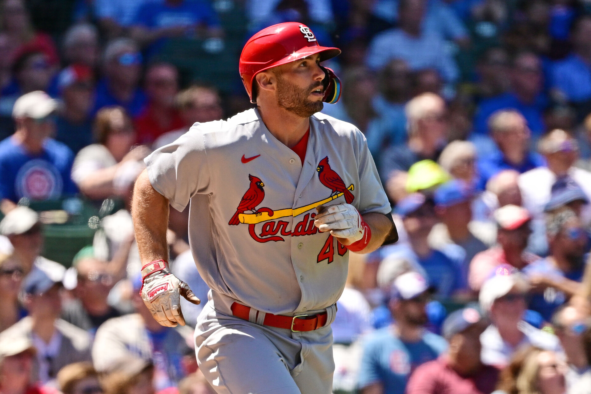 St. Louis Cardinals first baseman Paul Goldschmidt (46) watches his three run home run ball in the third inning against the Chicago Cubs at Wrigley Field.