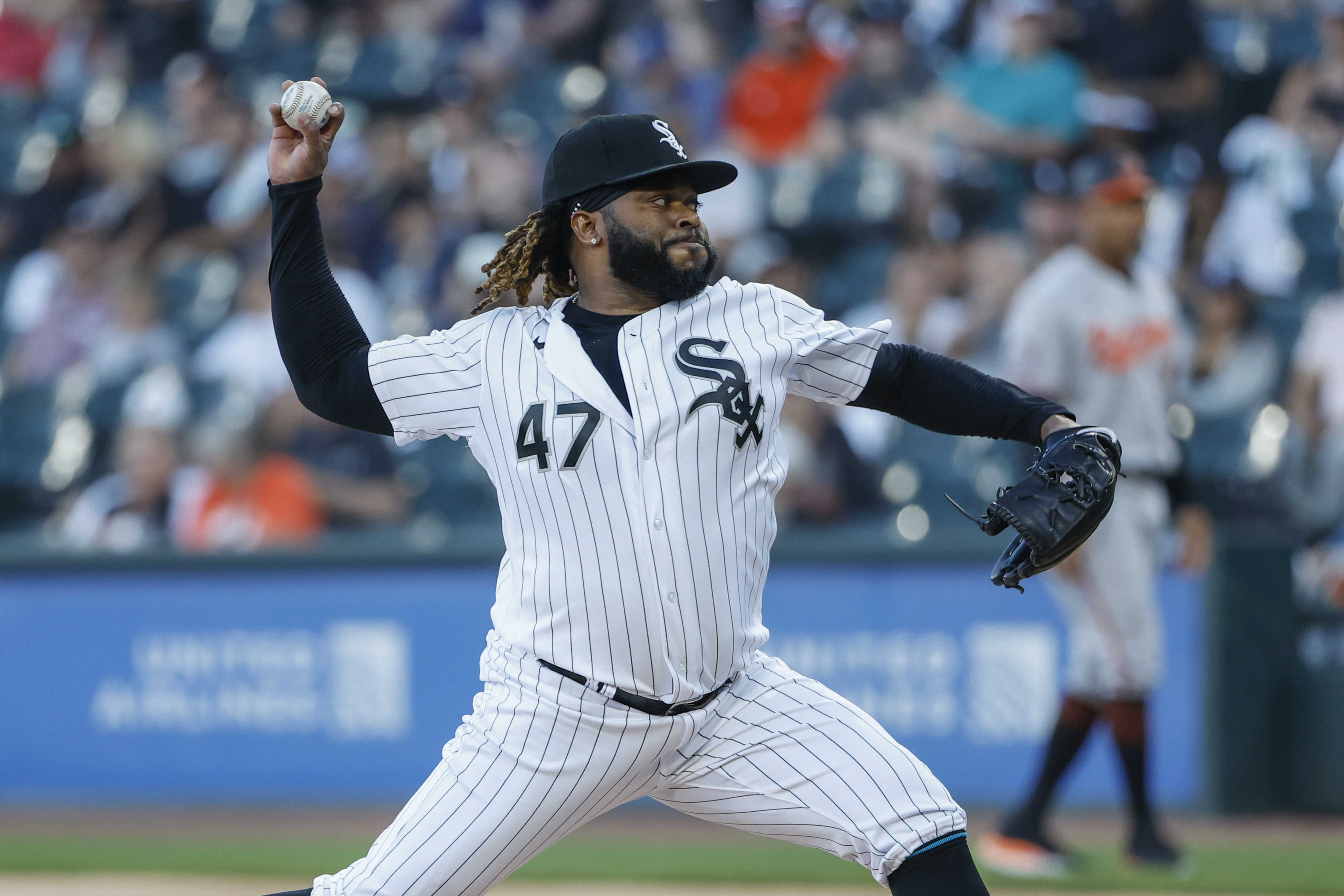 Chicago White Sox starting pitcher Johnny Cueto (47) delivers against the Baltimore Orioles during the first inning at Guaranteed Rate Field.