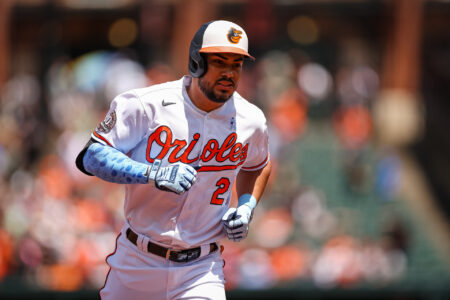 Baltimore Orioles designated hitter Anthony Santander (25) rounds the bases after hitting a home run against the Tampa Bay Rays during the first inning at Oriole Park at Camden Yards.