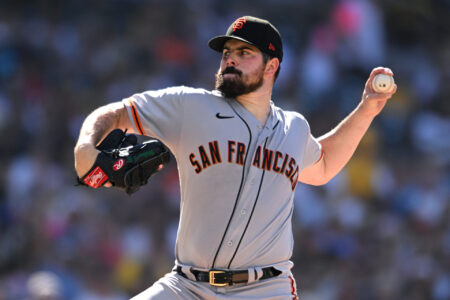 San Francisco Giants starting pitcher Carlos Rodon (16) throws a pitch against the San Diego Padres during the first inning at Petco Park.
