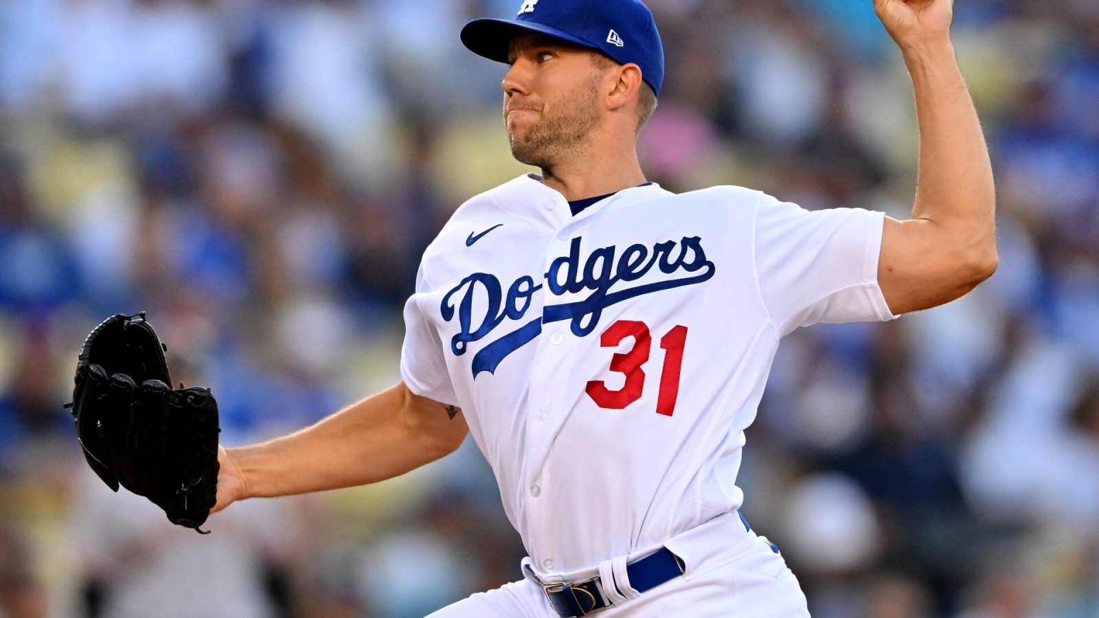 Los Angeles Dodgers starting pitcher Tyler Anderson (31) throws to the plate in the first inning against the San Francisco Giants at Dodger Stadium.