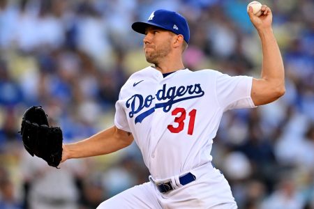 Los Angeles Dodgers starting pitcher Tyler Anderson (31) throws to the plate in the first inning against the San Francisco Giants at Dodger Stadium.