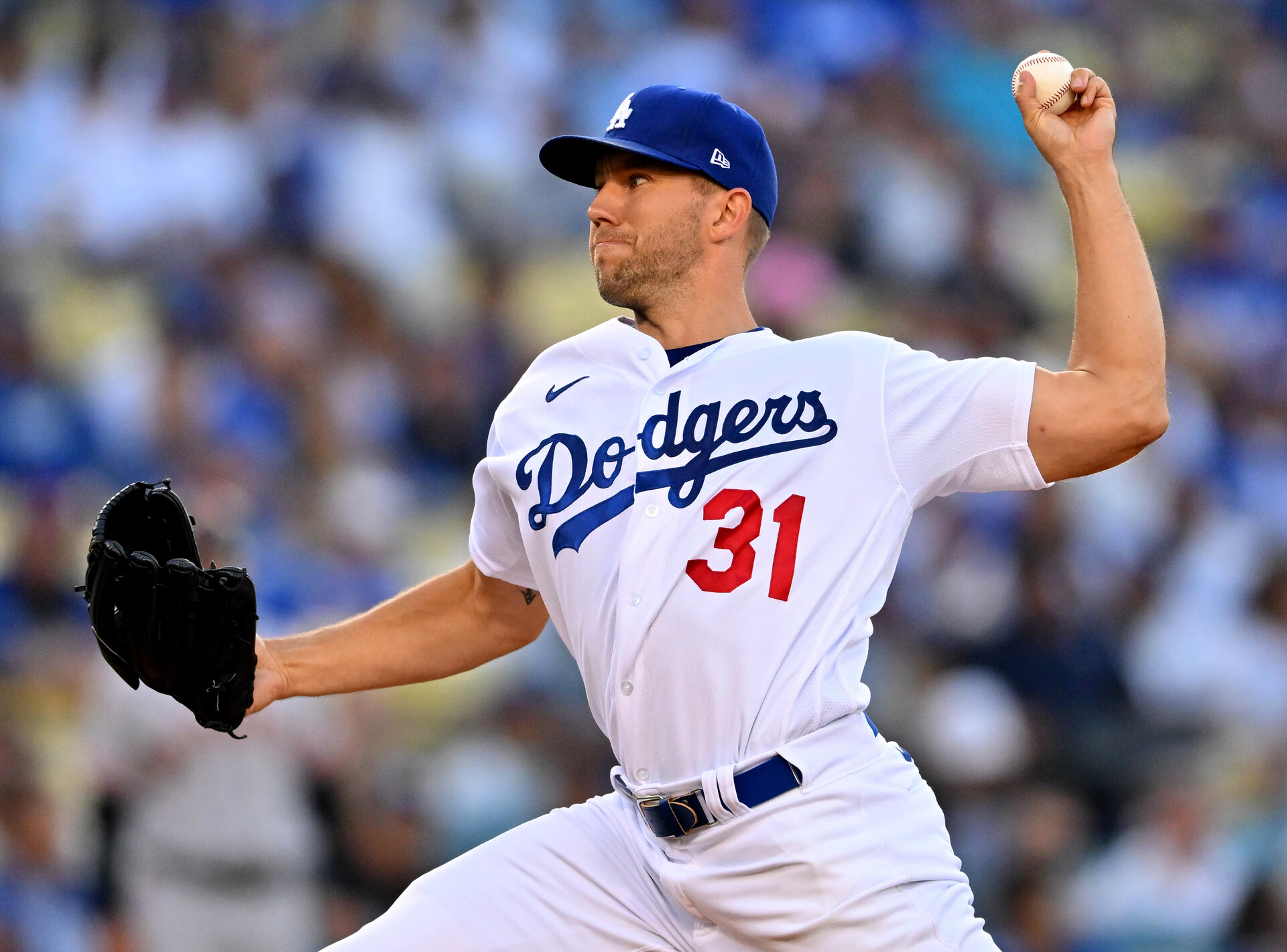Los Angeles Dodgers starting pitcher Tyler Anderson (31) throws to the plate in the first inning against the San Francisco Giants at Dodger Stadium.