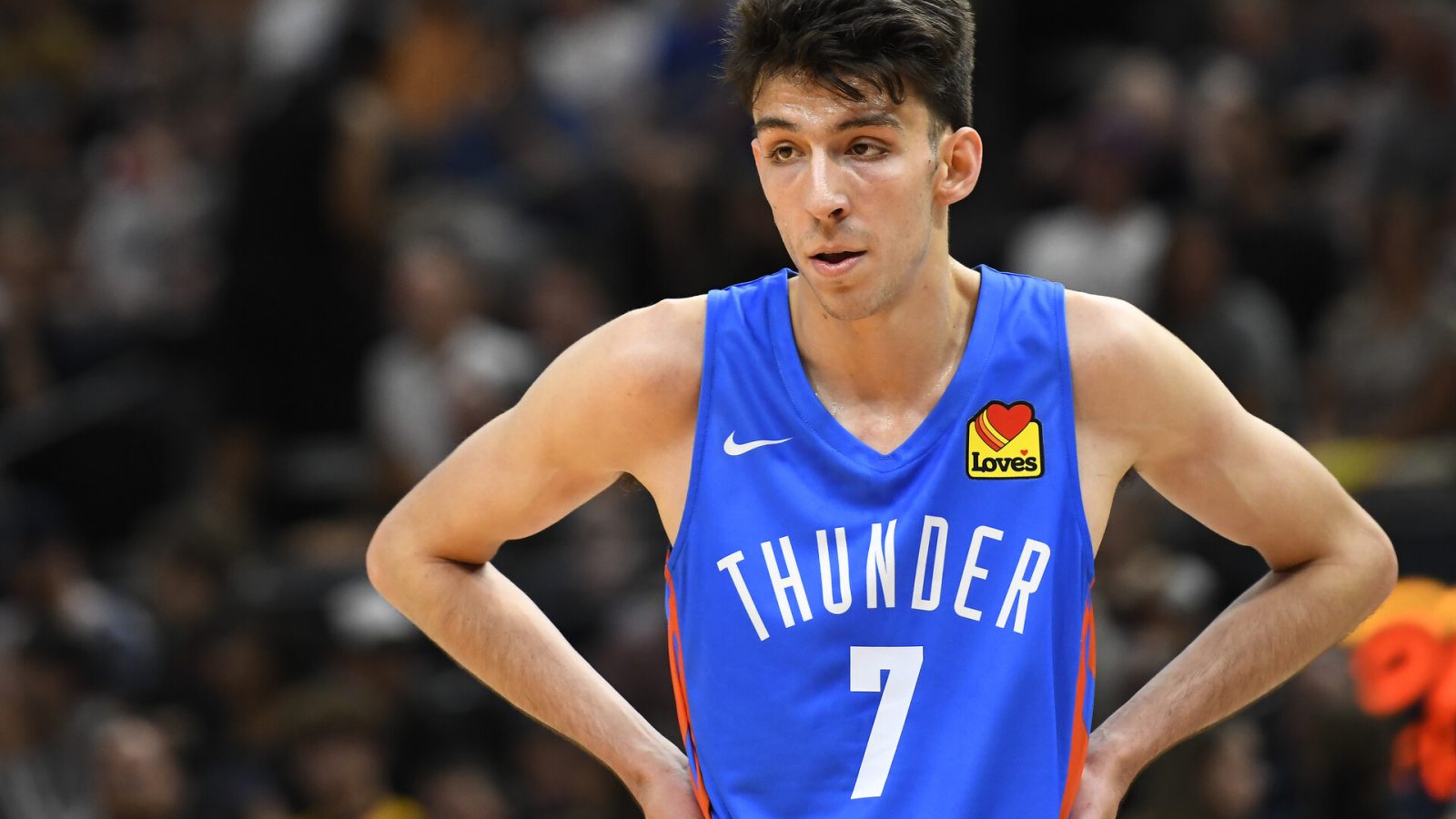 Chet Holmgren #7 of the Oklahoma City Thunder looks on during a NBA Summer League game against the Utah Jazz at Vivint Arena on July 05, 2022 in Salt Lake City, Utah.