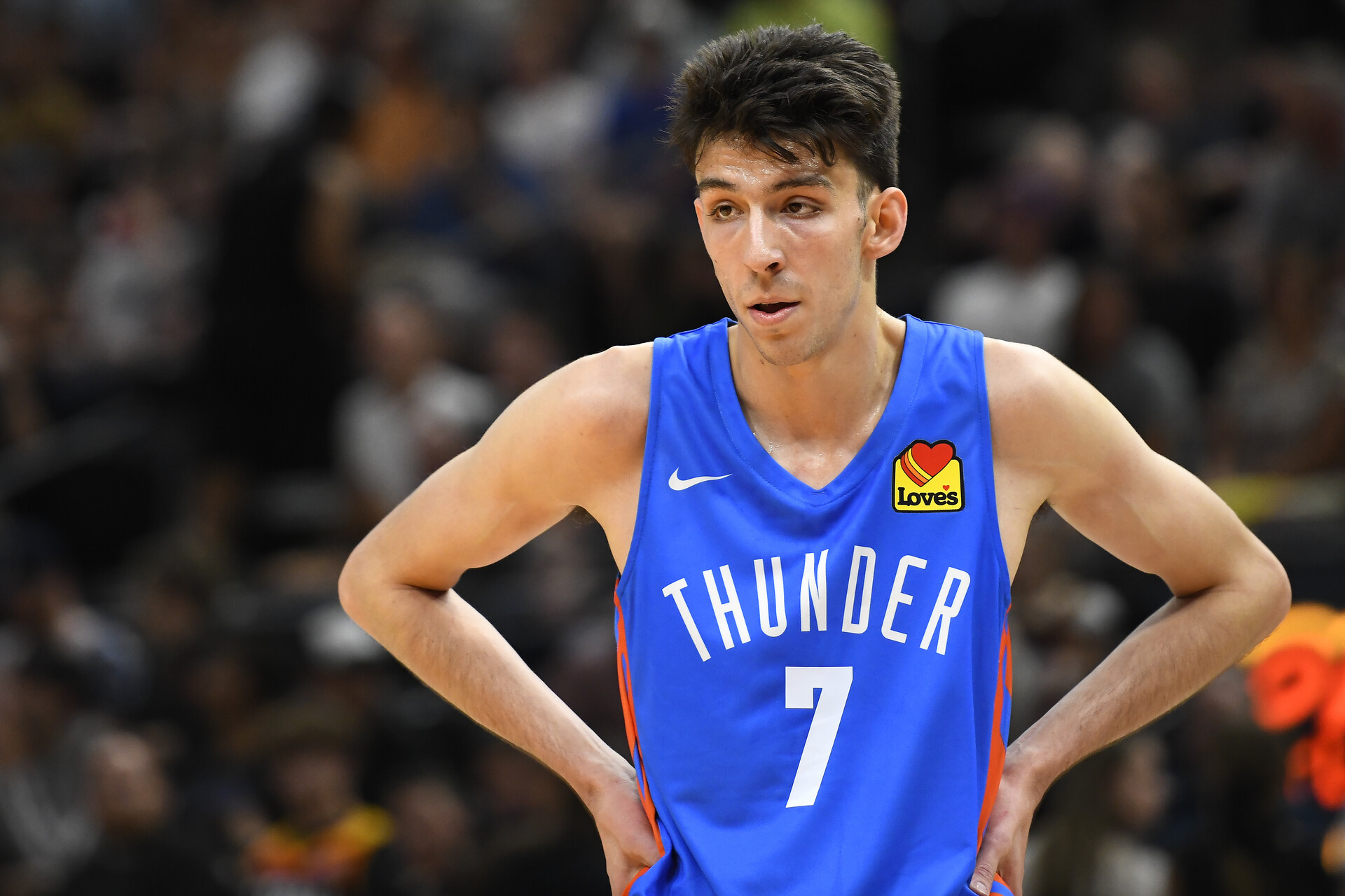 Chet Holmgren #7 of the Oklahoma City Thunder looks on during a NBA Summer League game against the Utah Jazz at Vivint Arena on July 05, 2022 in Salt Lake City, Utah.