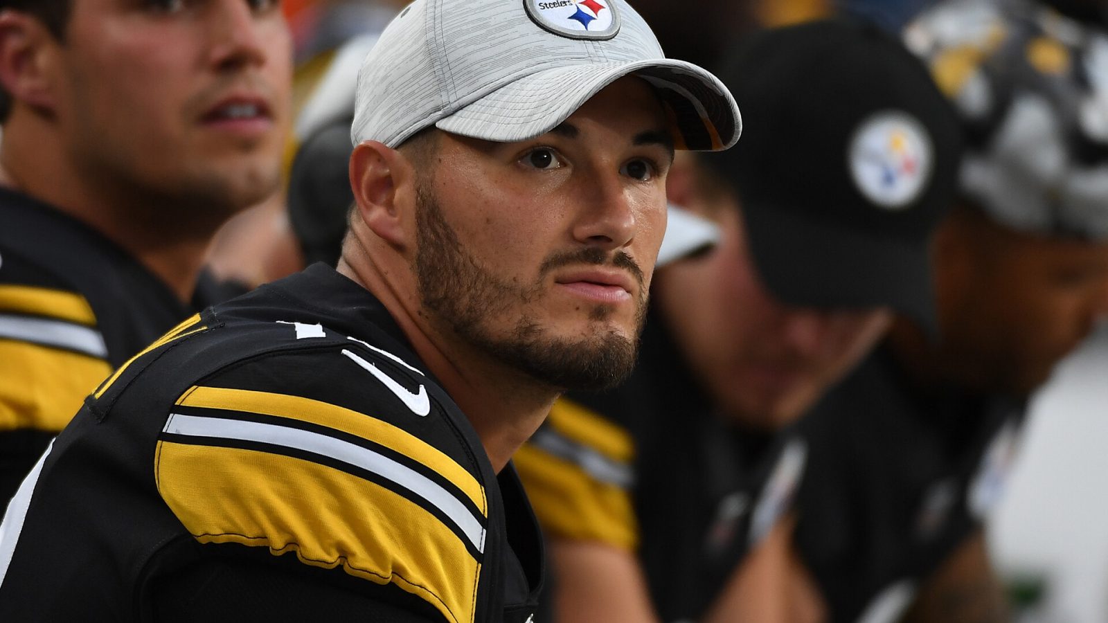 Mitch Trubisky #10 of the Pittsburgh Steelers looks on from the sidelines in the first quarter during a preseason game against the Seattle Seahawks at Acrisure Stadium on August 13, 2022 in Pittsburgh, Pennsylvania.