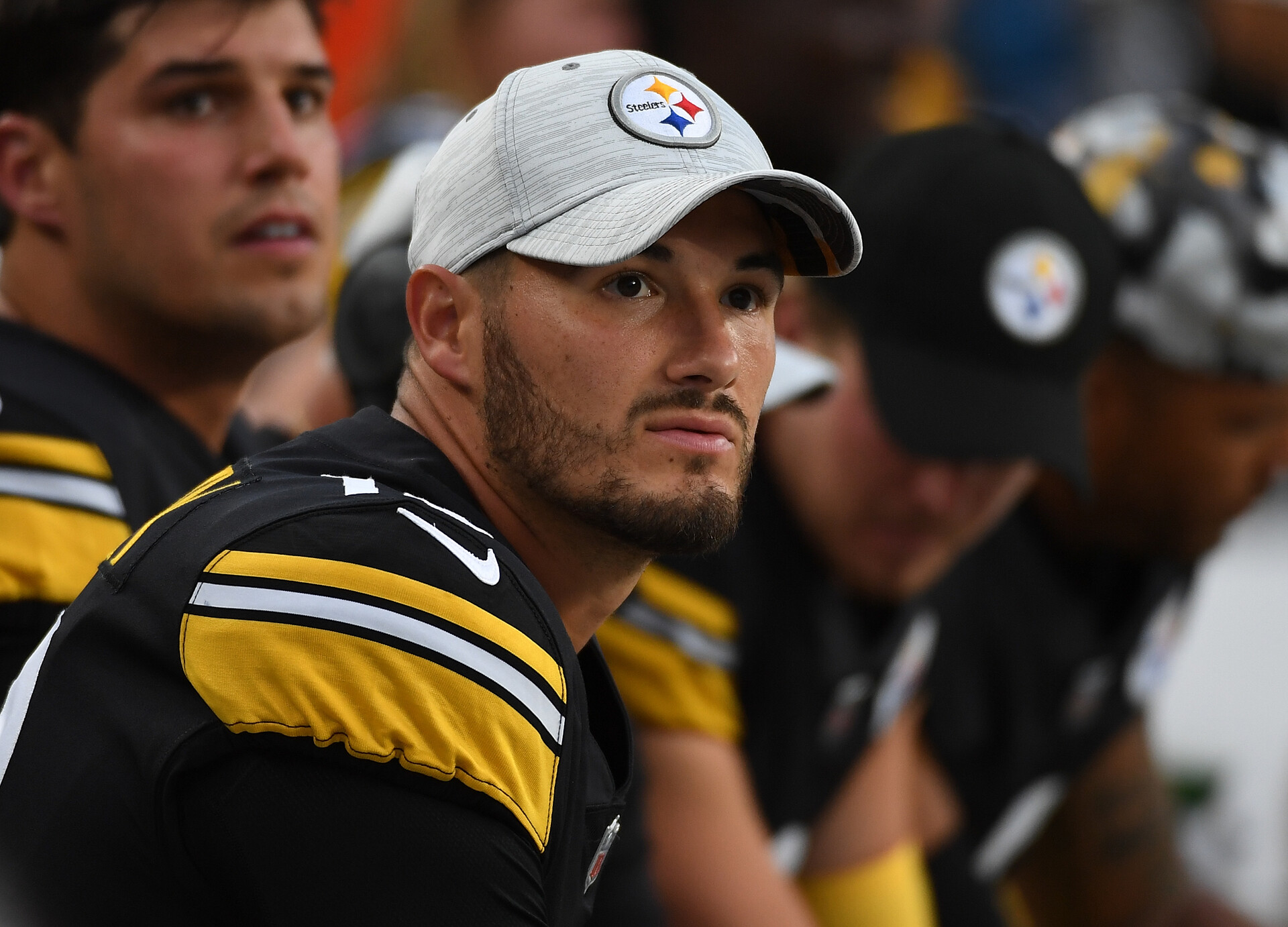 Mitch Trubisky #10 of the Pittsburgh Steelers looks on from the sidelines in the first quarter during a preseason game against the Seattle Seahawks at Acrisure Stadium on August 13, 2022 in Pittsburgh, Pennsylvania.