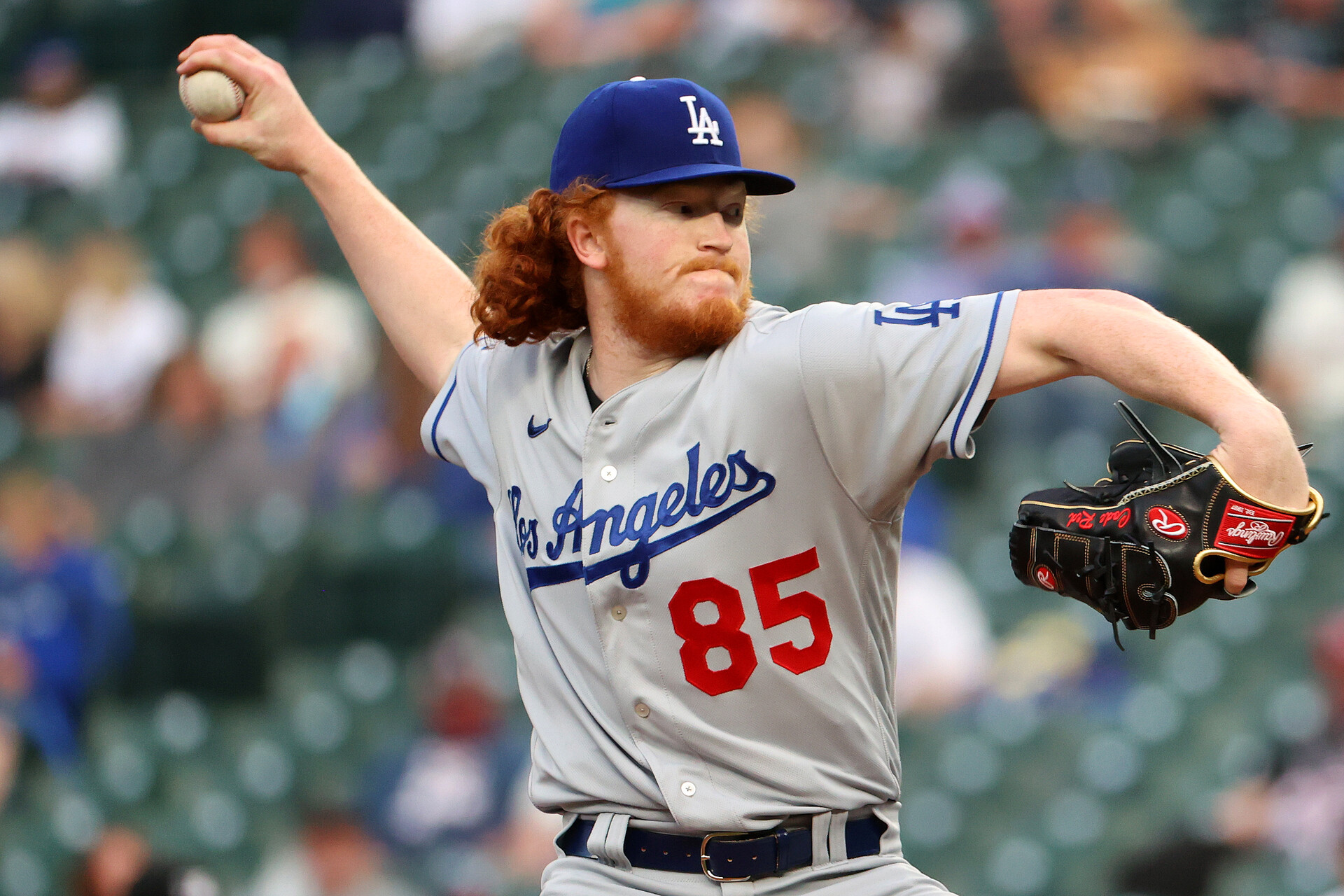 Dustin May #85 of the Los Angeles Dodgers pitches during the first inning against the Seattle Mariners at T-Mobile Park on April 19, 2021 in Seattle, Washington.