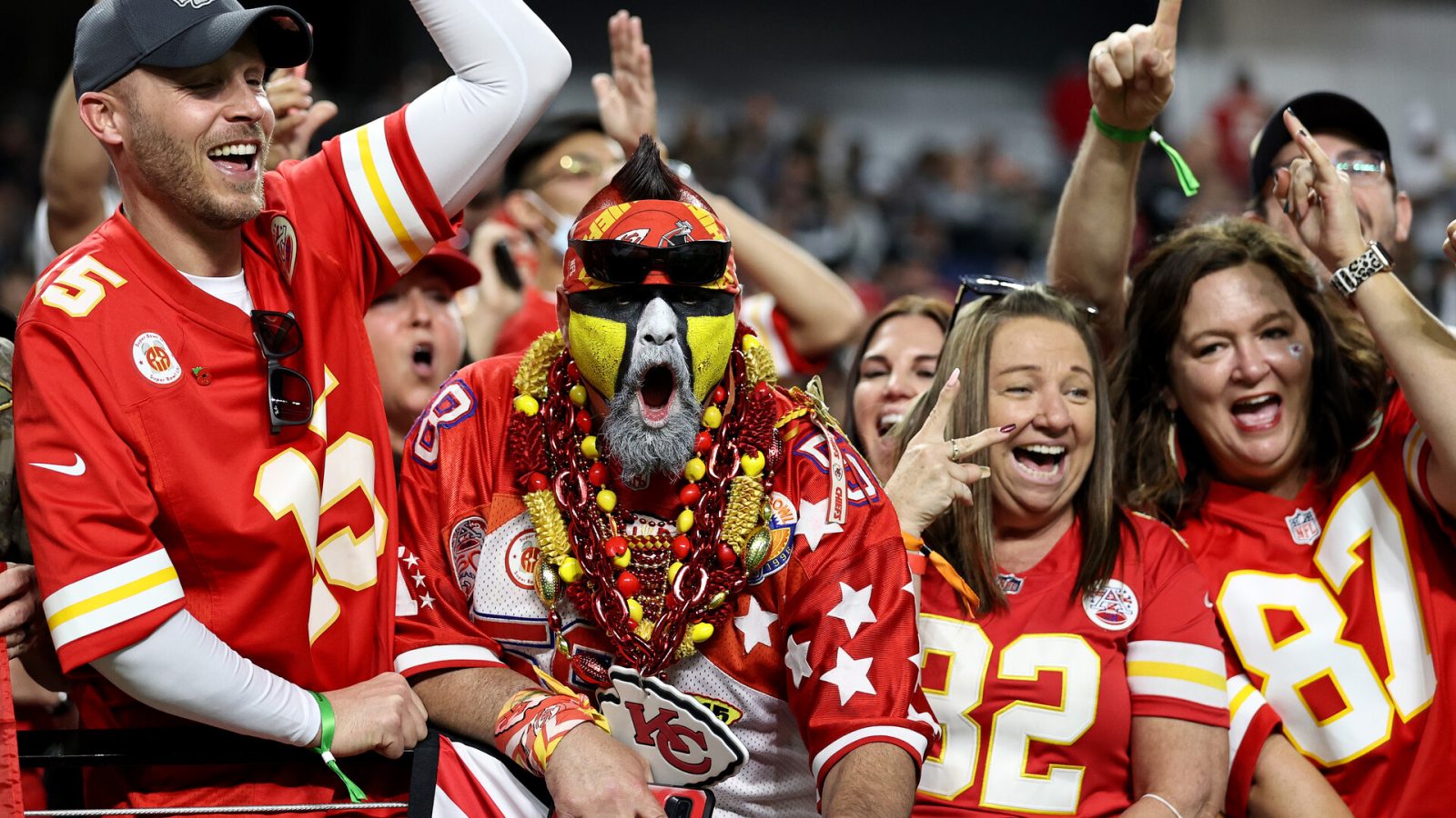 Kansas City Chiefs fans react before the game between the Kansas City Chiefs and Las Vegas Raiders at Allegiant Stadium on November 14, 2021 in Las Vegas, Nevada.