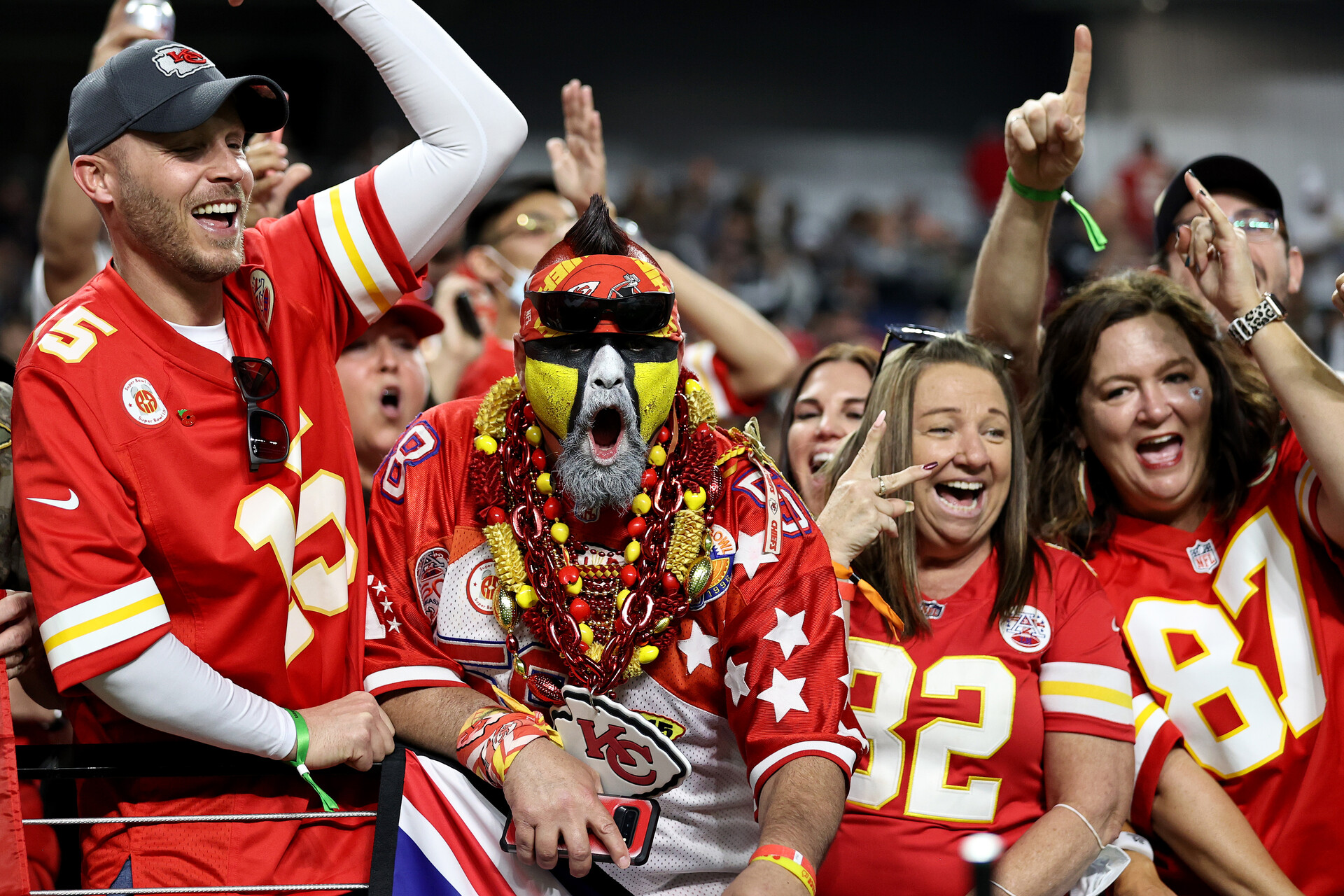 Kansas City Chiefs fans react before the game between the Kansas City Chiefs and Las Vegas Raiders at Allegiant Stadium on November 14, 2021 in Las Vegas, Nevada.
