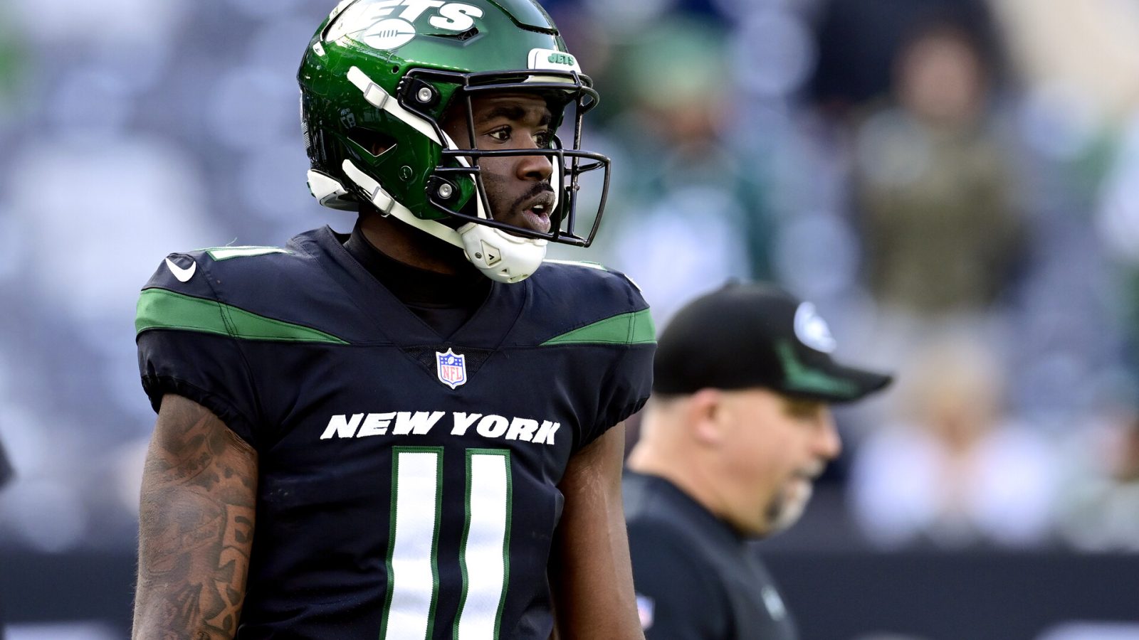 Denzel Mims #11 of the New York Jets warms up prior to the game against the Philadelphia Eagles at MetLife Stadium on December 05, 2021 in East Rutherford, New Jersey.