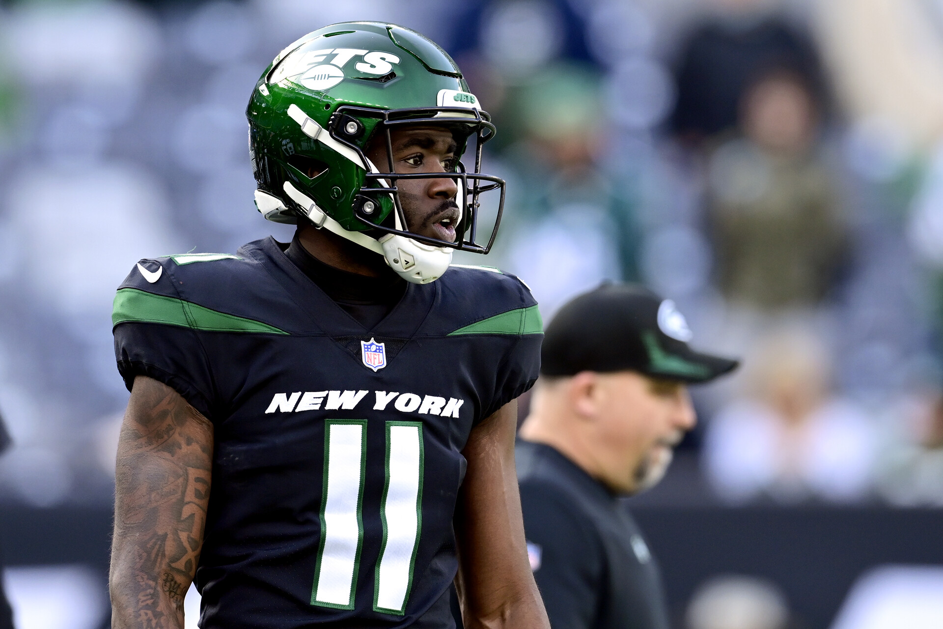 Denzel Mims #11 of the New York Jets warms up prior to the game against the Philadelphia Eagles at MetLife Stadium on December 05, 2021 in East Rutherford, New Jersey.