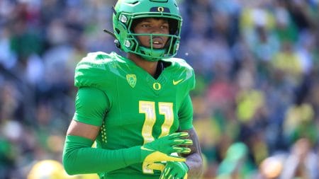 Troy Franklin #11 of Team Green looks on against Team Yellow during the second quarter of the Oregon Spring Game at Autzen Stadium on April 23, 2022 in Eugene, Oregon.