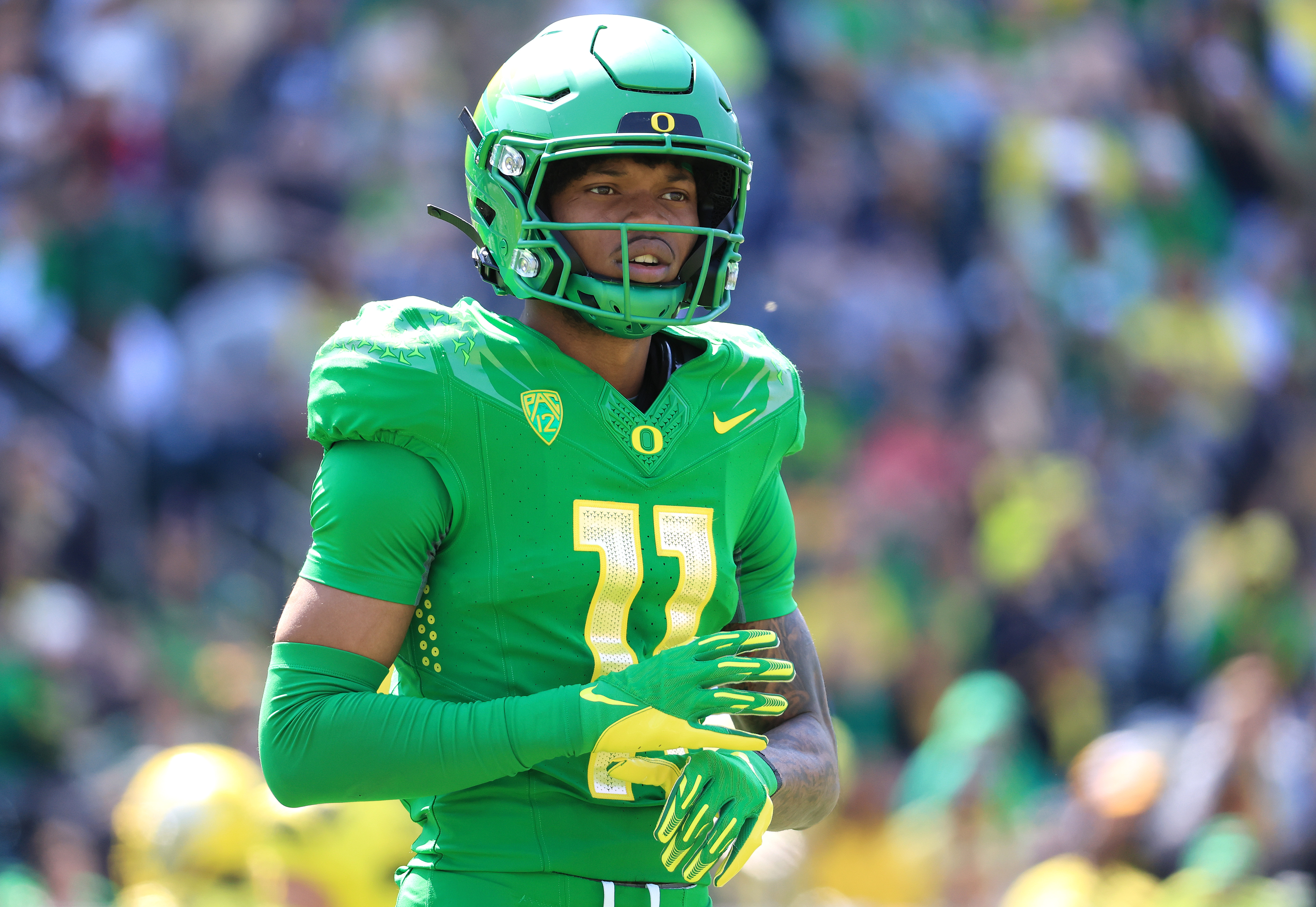 Troy Franklin #11 of Team Green looks on against Team Yellow during the second quarter of the Oregon Spring Game at Autzen Stadium on April 23, 2022 in Eugene, Oregon.