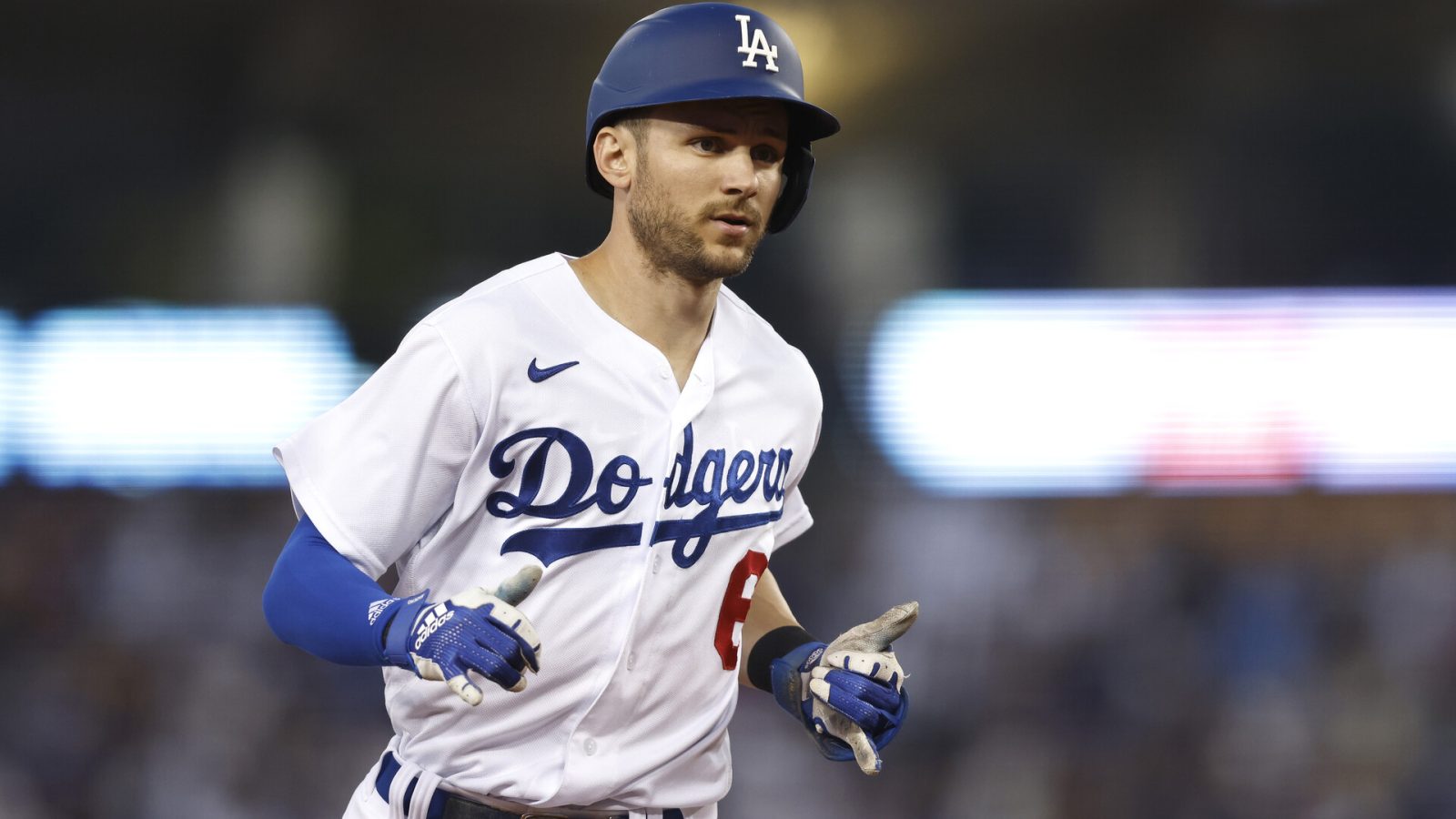 Trea Turner #6 of the Los Angeles Dodgers celebrates as he rounds the bases after hitting a solo home run against the Los Angeles Angels during the third inning at Dodger Stadium on June 15, 2022 in Los Angeles, California.