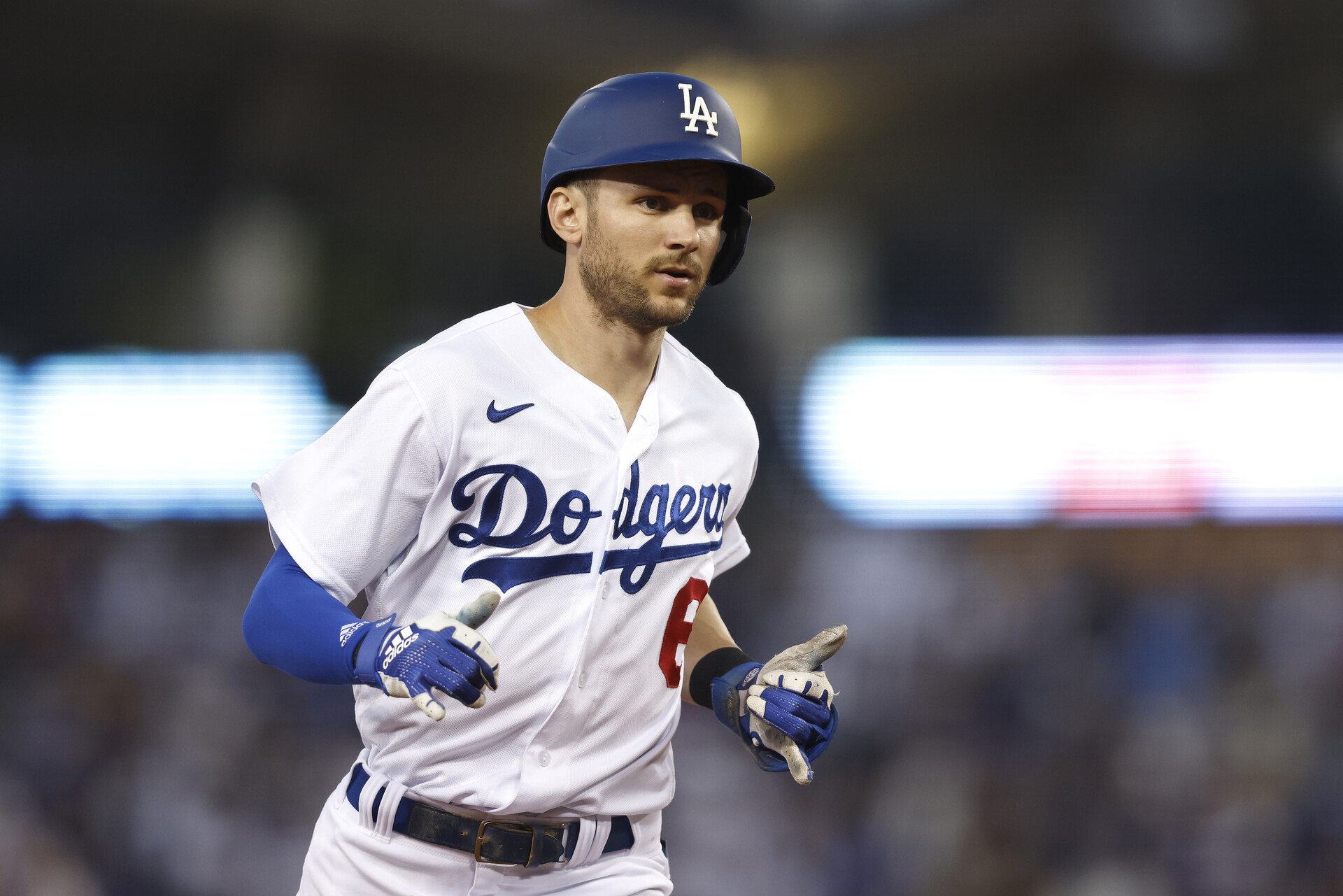 Trea Turner #6 of the Los Angeles Dodgers celebrates as he rounds the bases after hitting a solo home run against the Los Angeles Angels during the third inning at Dodger Stadium on June 15, 2022 in Los Angeles, California.