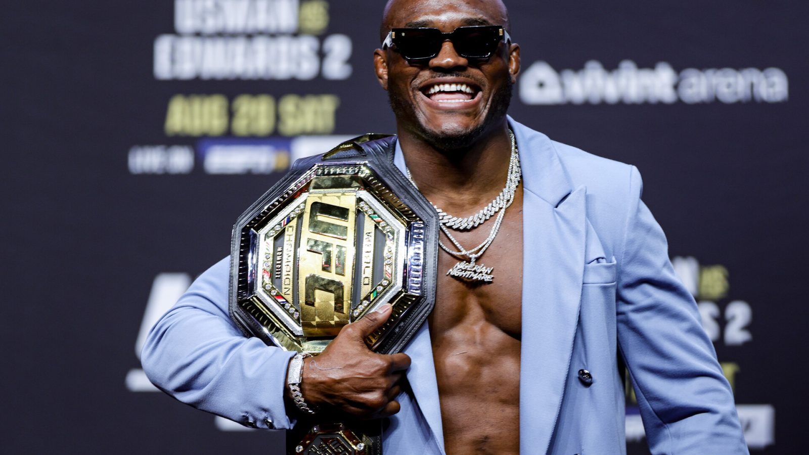 UFC welterweight champion Kamaru Usman is seen on stage during the UFC 276 ceremonial weigh-in at T-Mobile Arena on July 01, 2022 in Las Vegas, Nevada.