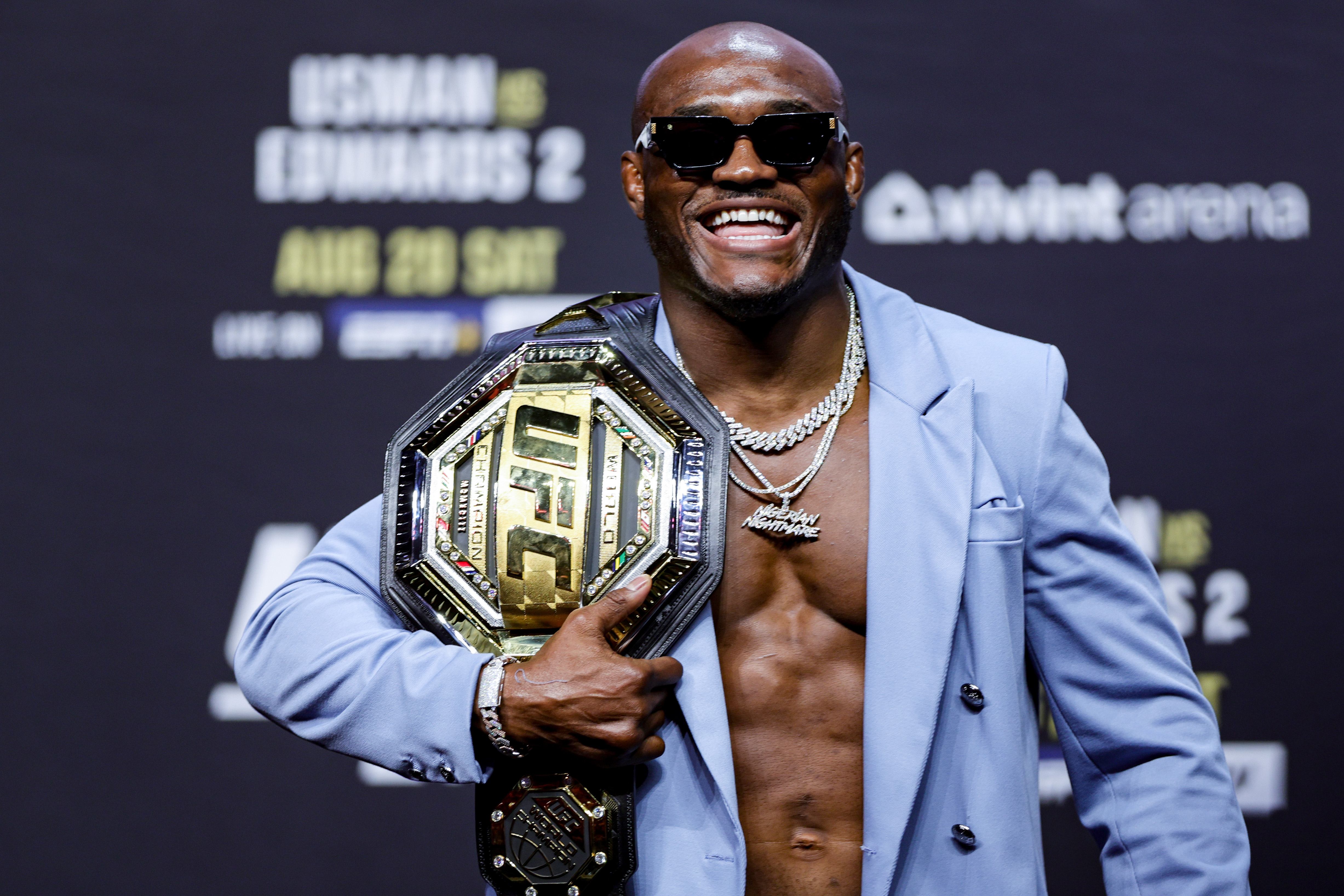 UFC welterweight champion Kamaru Usman is seen on stage during the UFC 276 ceremonial weigh-in at T-Mobile Arena on July 01, 2022 in Las Vegas, Nevada.