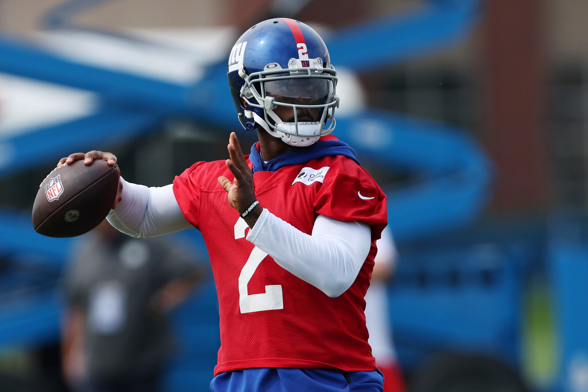 Quarterback Tyrod Taylor #2 of the New York Giants during training camp at Quest Diagnostics Training Center. The Bengals vs. Giants predictions for NFL Preseason Week 2 hinge on Taylor's playing time.