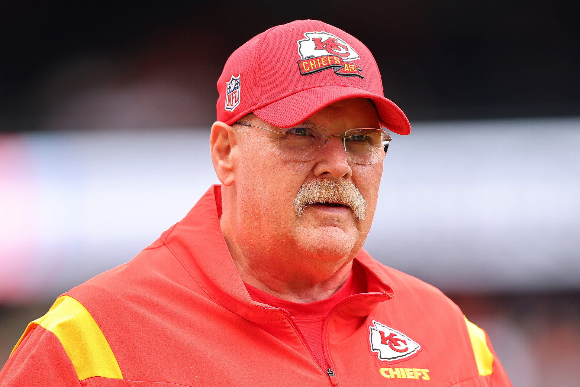 Head coach Andy Reid of the Kansas City Chiefs looks on prior to a preseason game against the Chicago Bears at Soldier Field on August 13, 2022 in Chicago, Illinois.