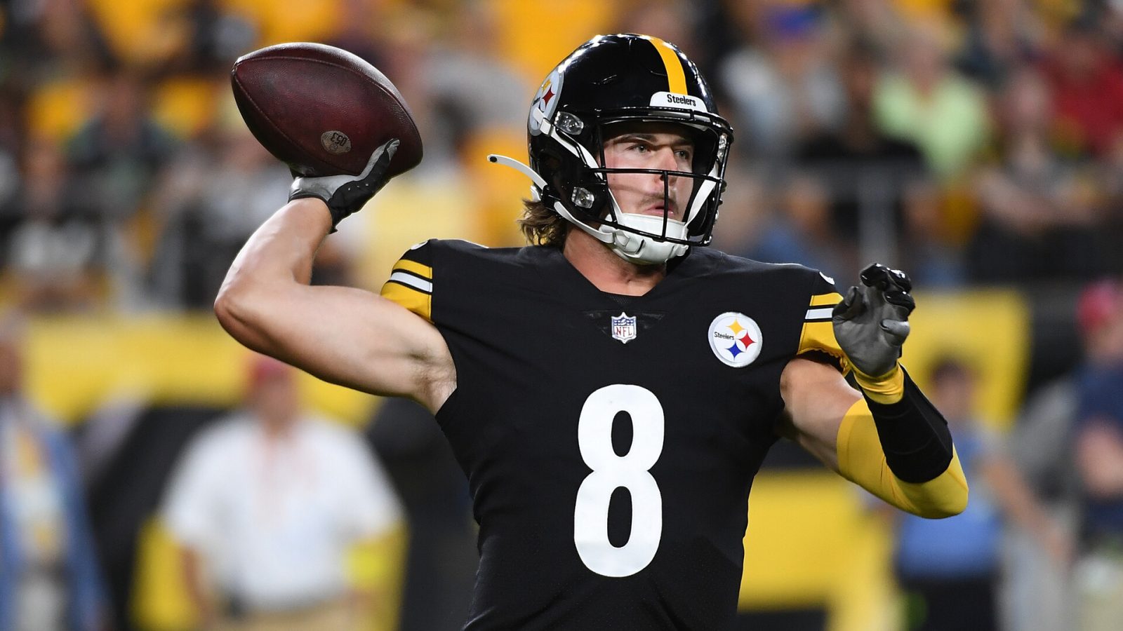 Kenny Pickett #8 of the Pittsburgh Steelers in action during a preseason game against the Seattle Seahawks at Acrisure Stadium on August 13, 2022 in Pittsburgh, Pennsylvania.