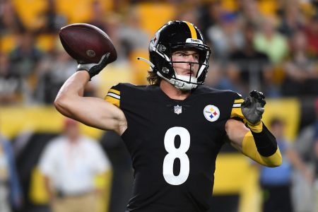 Kenny Pickett #8 of the Pittsburgh Steelers in action during a preseason game against the Seattle Seahawks at Acrisure Stadium on August 13, 2022 in Pittsburgh, Pennsylvania.