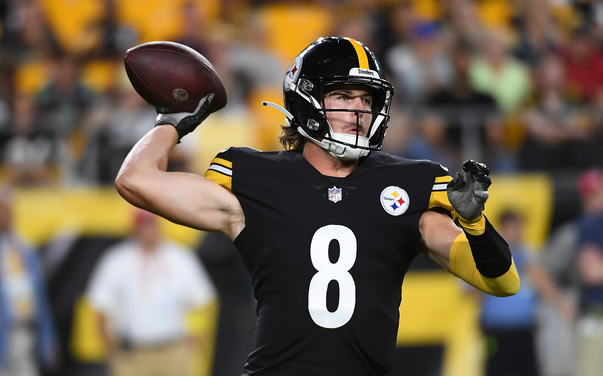 Kenny Pickett #8 of the Pittsburgh Steelers in action during a preseason game against the Seattle Seahawks at Acrisure Stadium on August 13, 2022 in Pittsburgh, Pennsylvania.