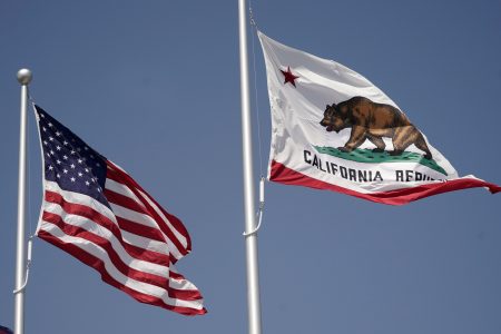 Aug 27, 2020; Inglewood, California, United States; A general overall view of United States and California flags at SoFi Stadium.