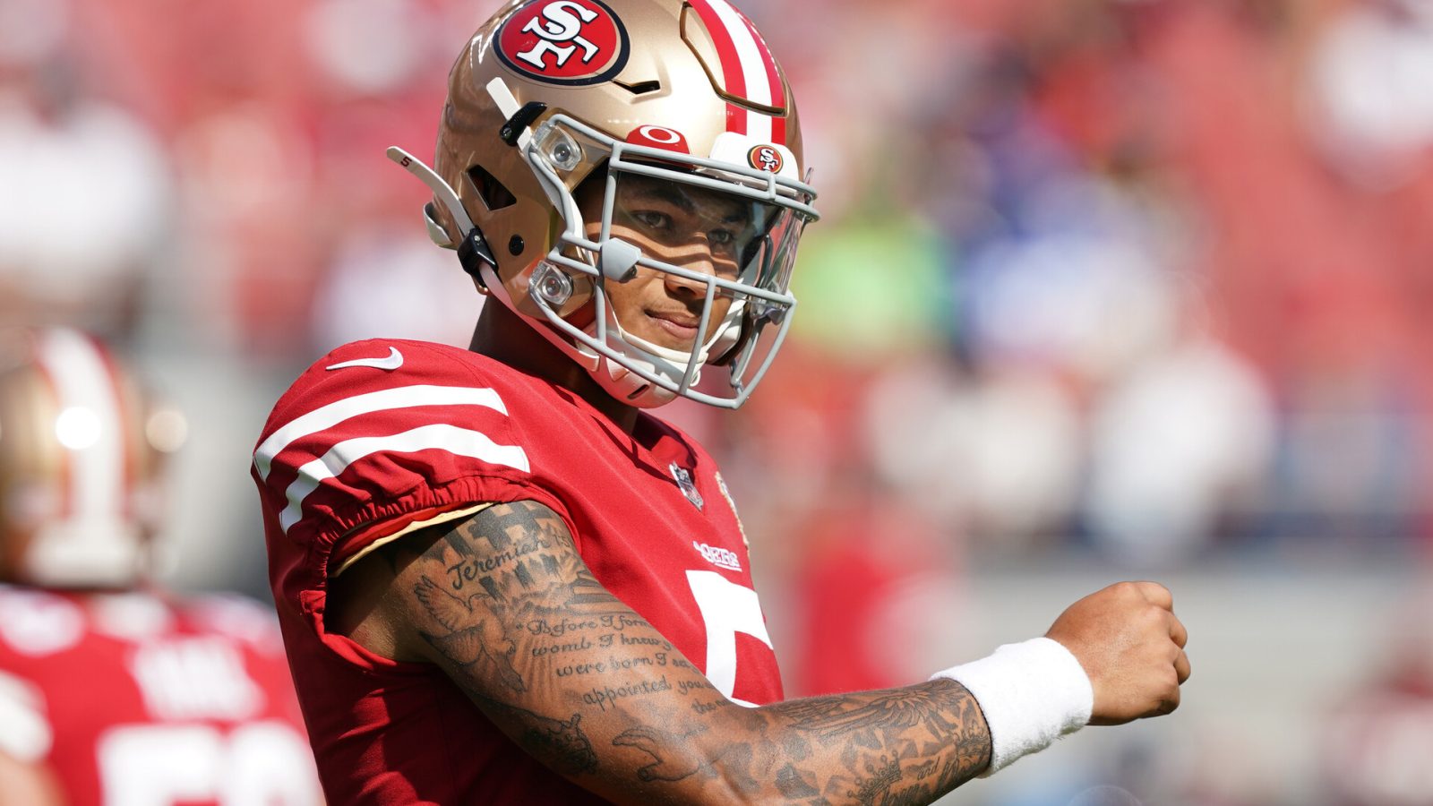 San Francisco 49ers quarterback Trey Lance (5) reacts after a pass during the third quarter against the Seattle Seahawks at Levi's Stadium.