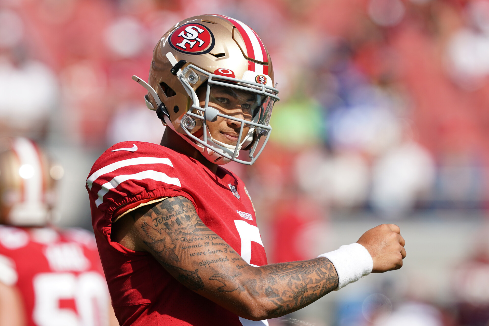 San Francisco 49ers quarterback Trey Lance (5) reacts after a pass during the third quarter against the Seattle Seahawks at Levi's Stadium.