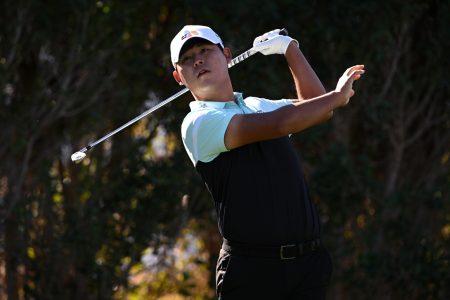 Si Woo Kim plays his shot from the third tee during the first round of the American Express golf tournament at La Quinta Country Club