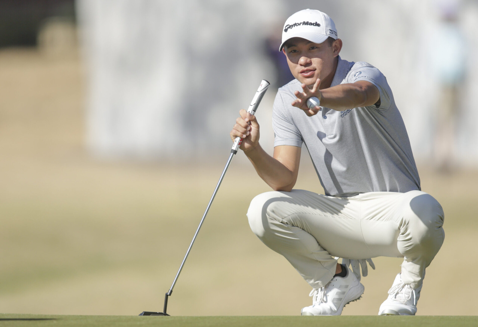 Mar 26, 2022; Austin, Texas, USA; Colin Morikawa lines up his putt on the 6th hole during the fourth round of the World Golf Championships-Dell Technologies Match Play golf tournament.