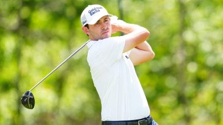 Apr 21, 2022; Avondale, Louisiana, USA; Patrick Cantlay plays his shot from the fifth hole tee during the first round of the Zurich Classic of New Orleans golf tournament