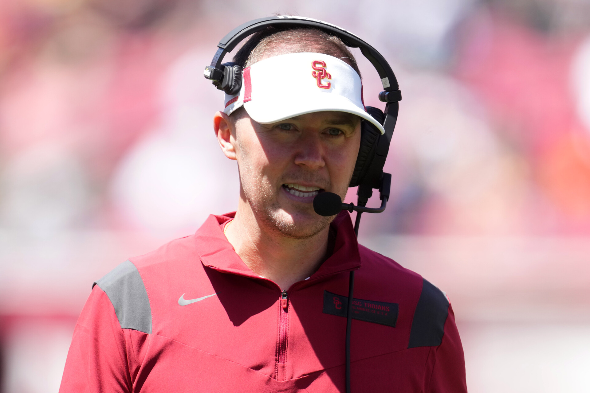 Southern California Trojans coach Lincoln Riley during the spring game at the Los Angeles Memorial Coliseum.