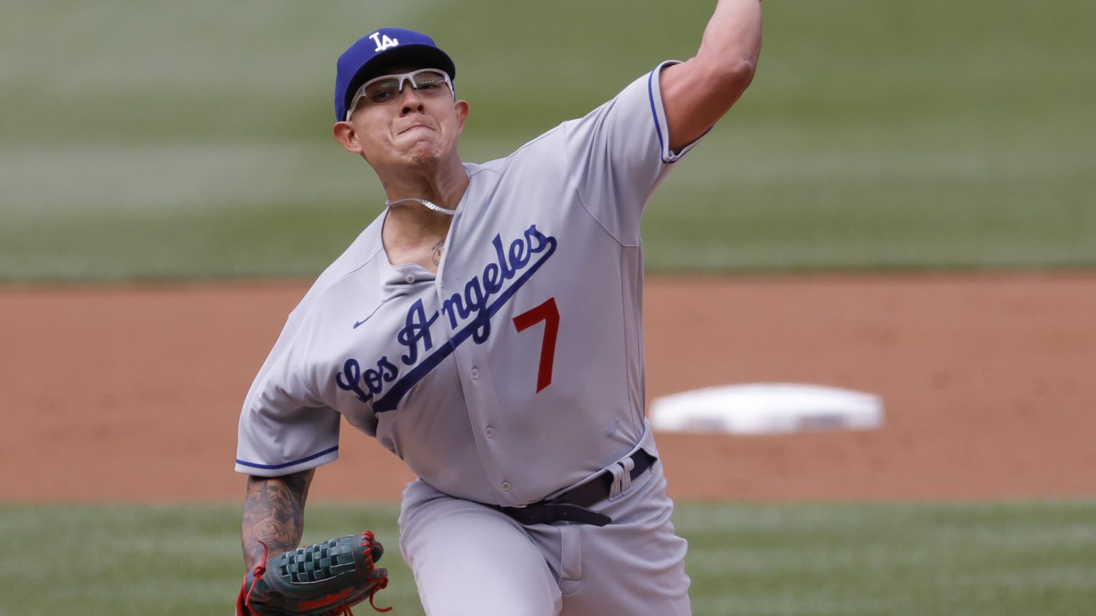 Los Angeles Dodgers starting pitcher Julio Urias (7) pitches against the Washington Nationals during the first inning at Nationals Park.